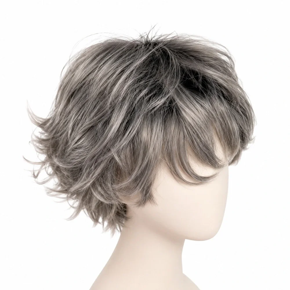 Short Wavy Wig Silver Grey Ombre Layered Synthetic Sophisticated Classy Comfort